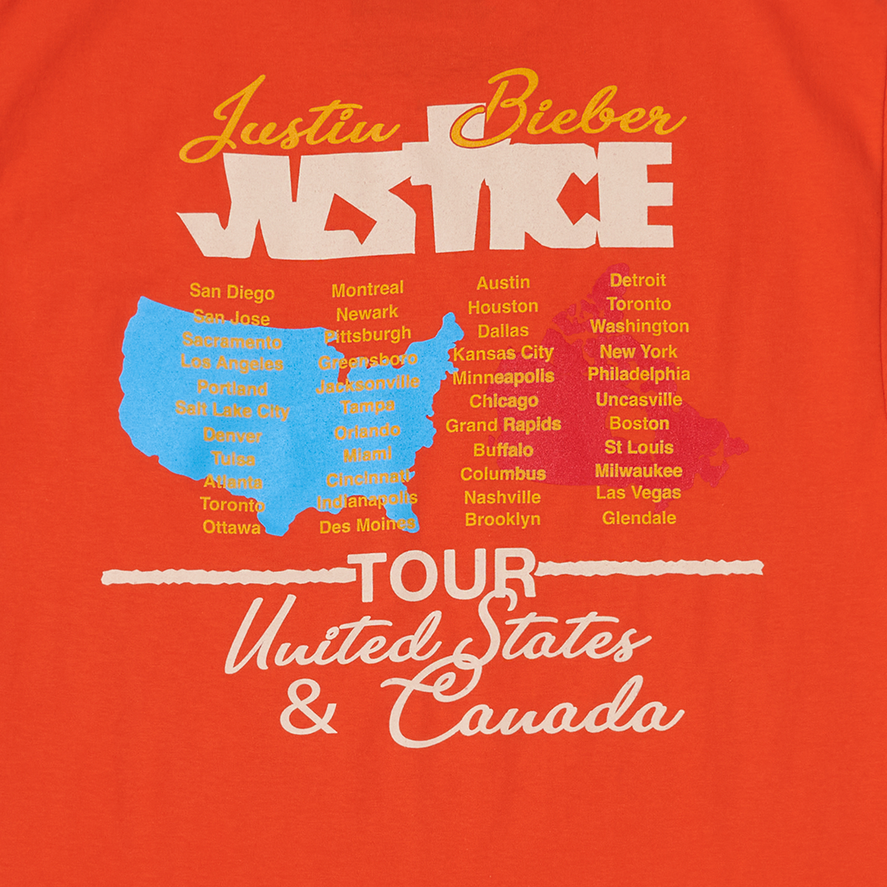 JUSTICE US & CANADA TOUR ORANGE T-SHIRT BACK DETAIL